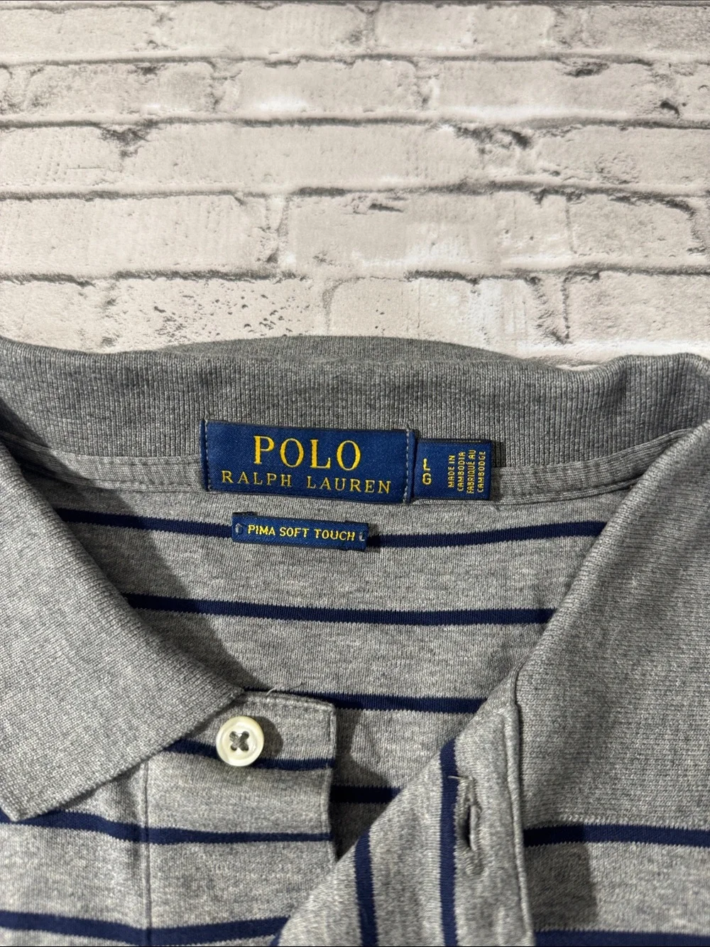 Polo Ralph Lauren mens L Large gray stripe Pima soft cotton knit polo shirt EUC